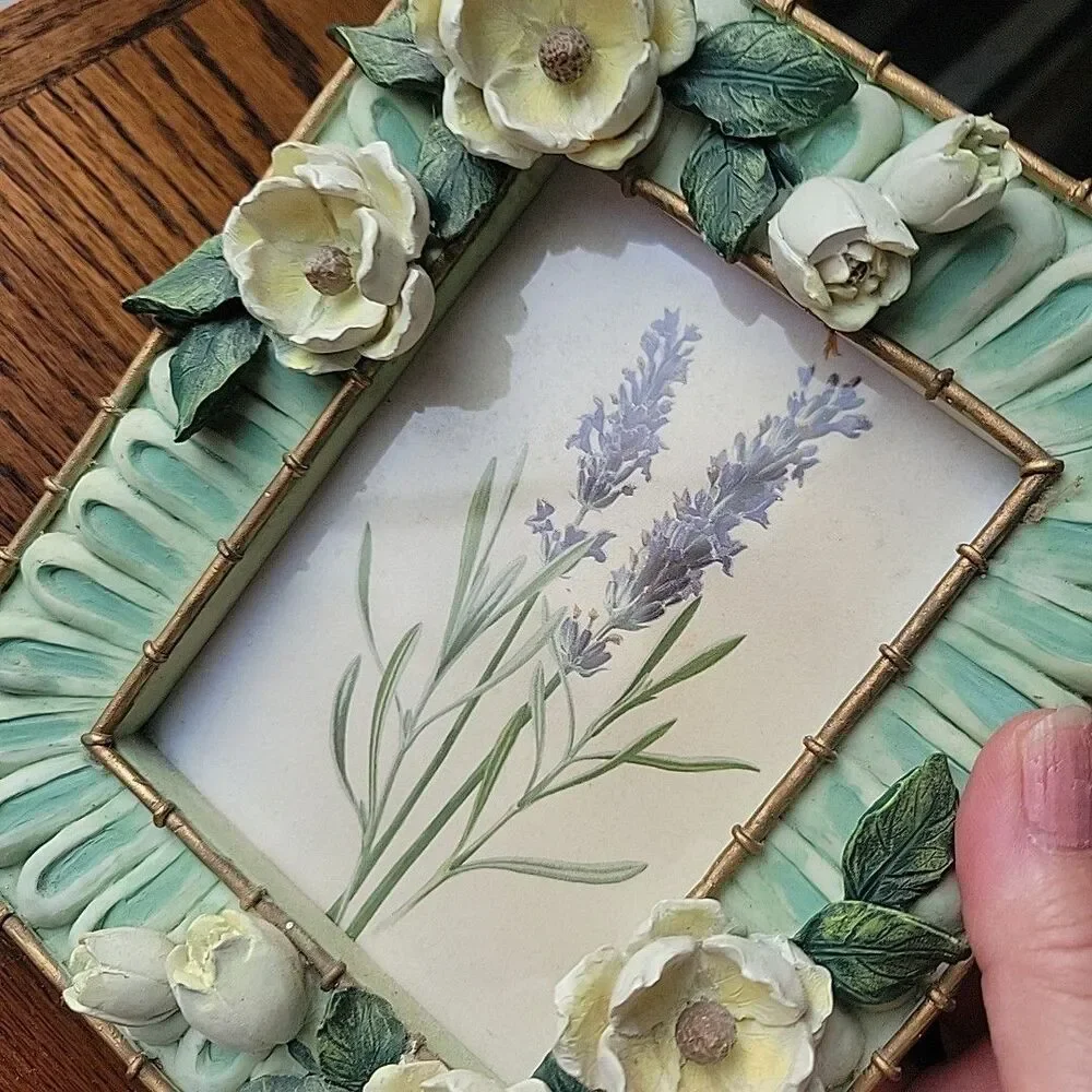 Vtg Ganz 3D Mint Green photo frame Magnolia Flowers Resin Rare Green Academia